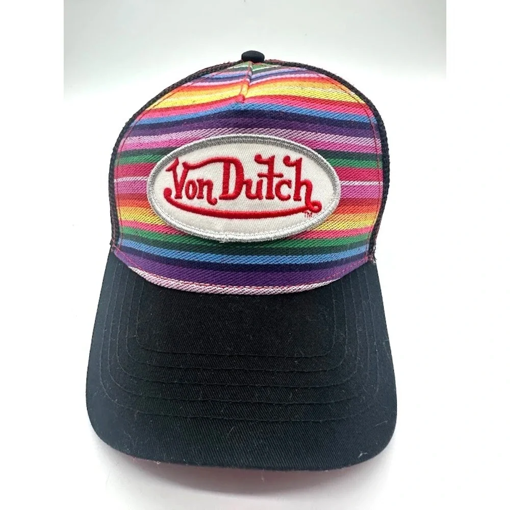 Von Dutch Rainbow Striped Trucker Hat Black Mesh Snapback One Size Unisex USA